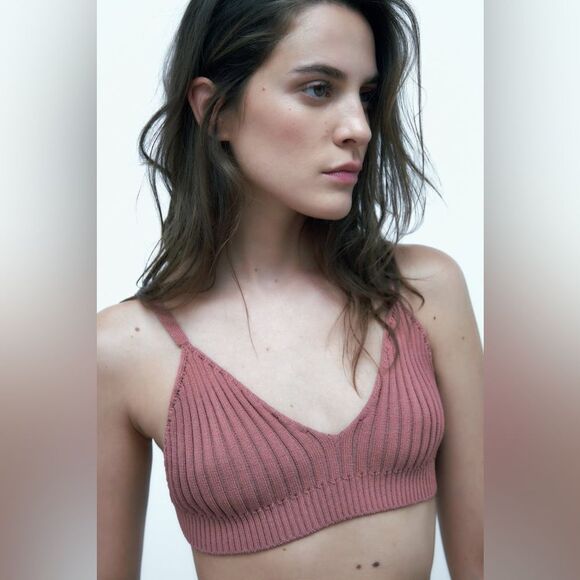Zara NWT Ridded Knit Bralette Cropped Top in Maroon Size M Medium New - Picture 1 of 10